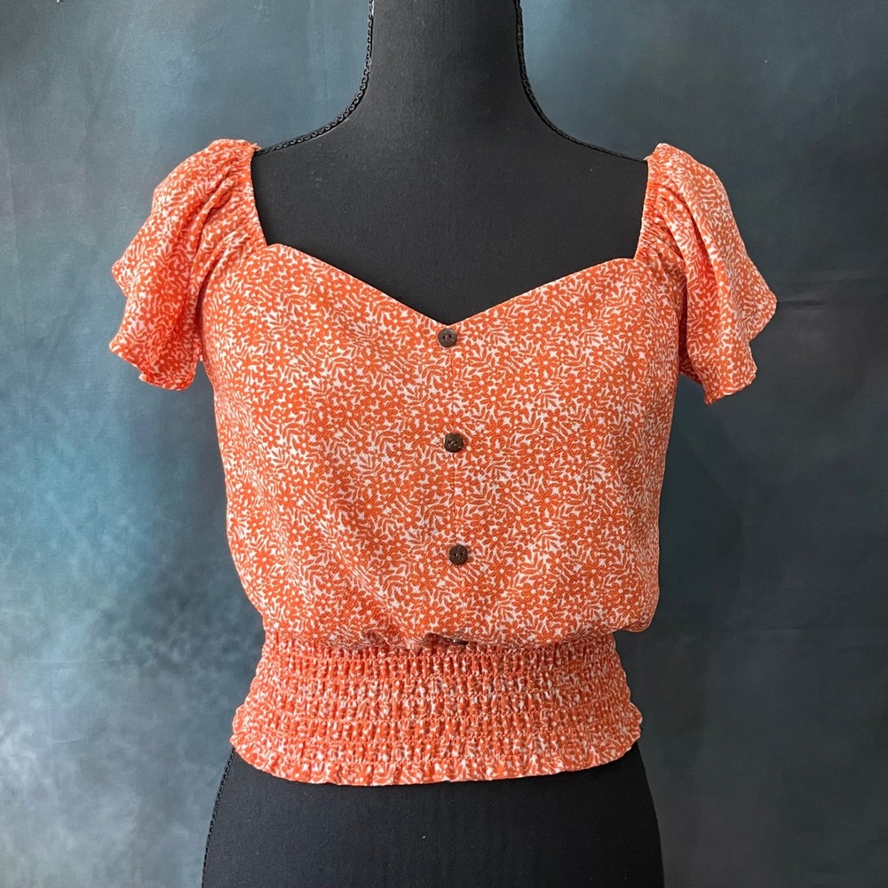 Monteau Los Angeles Orange Floral Smocked Peplum Top NWT Medium